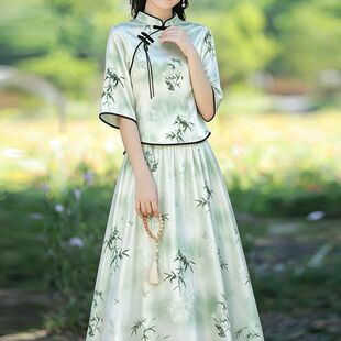 2026夏季新款清新复古风女款五分袖上衣半身裙印花套装两件套套装
