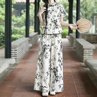 国风时尚改良旗袍女装夏装两件套竹纹上衣裤子2026年新款休闲套装