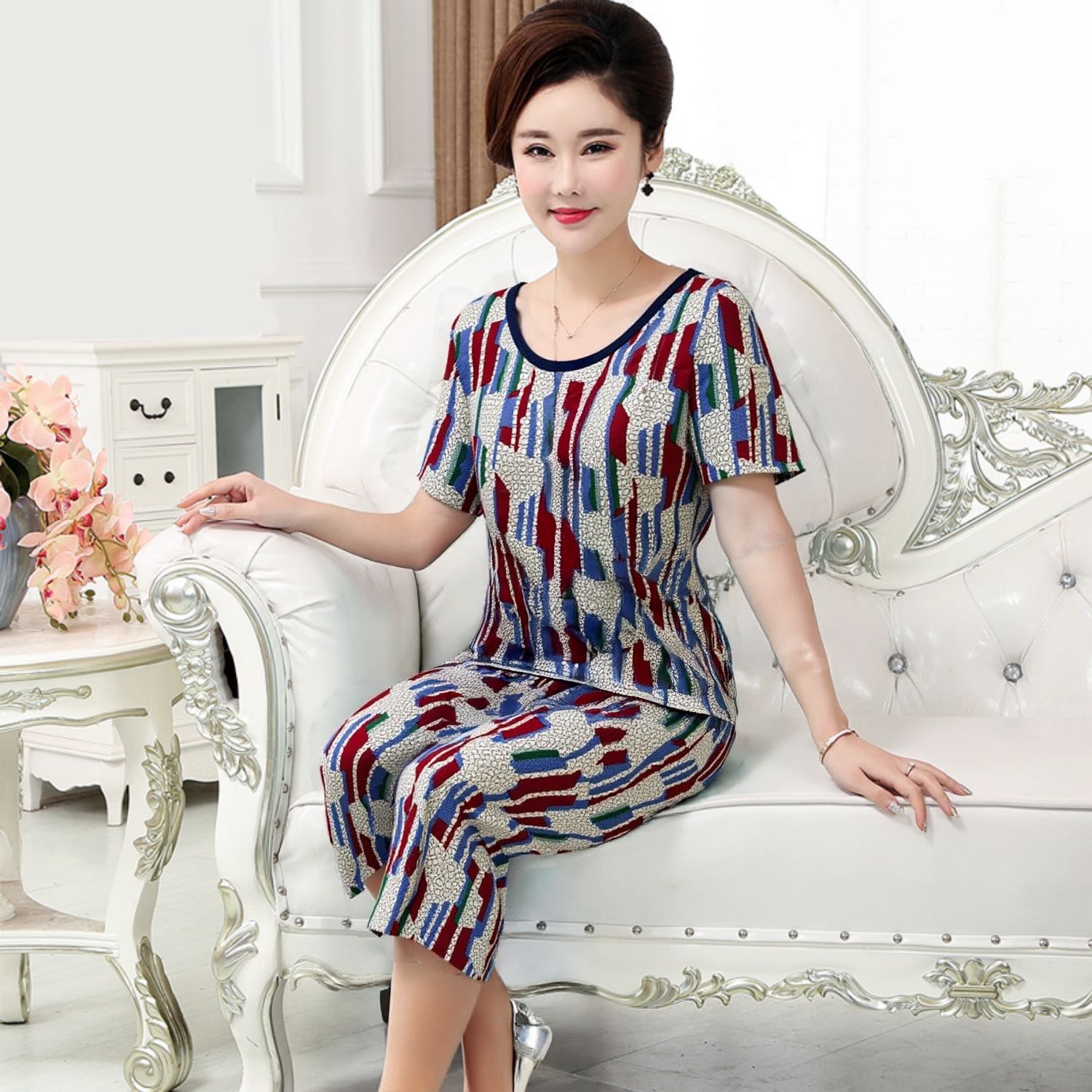 2025夏季新款遮肚套装女时尚妈妈装短袖T恤中老年上衣显瘦两件套