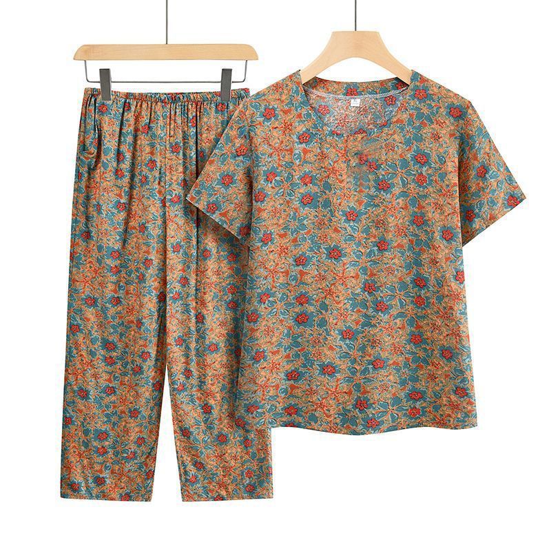 老奶奶套装夏装老年人印花休闲女装老太太薄款T恤母亲妈妈两件套