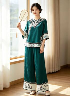 国风墨绿七分袖上衣阔腿裤两件套女装夏装时尚休闲居家可外穿套装