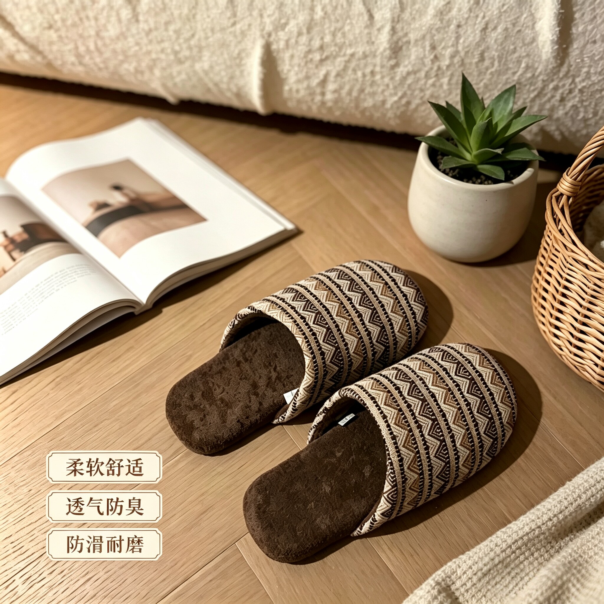 亚麻包头一字拖防滑静音软底