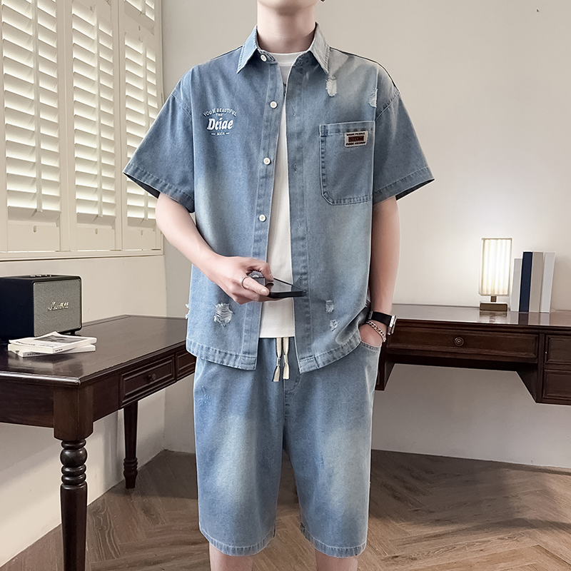牛仔衬衫套装男夏季薄款休闲痞帅