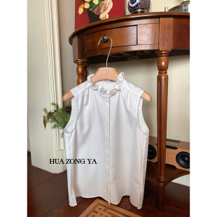 【现货款】花总吖 初秋新款韩系温柔木耳花边小立领无袖衬衫