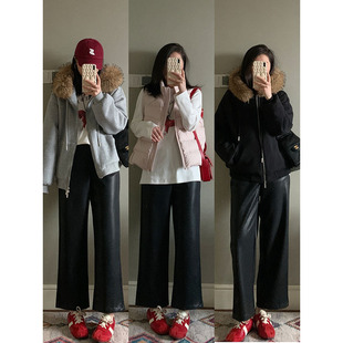 花总吖  秋冬新款韩系率性后松紧腰加薄绒九分皮裤黑色百搭直筒裤