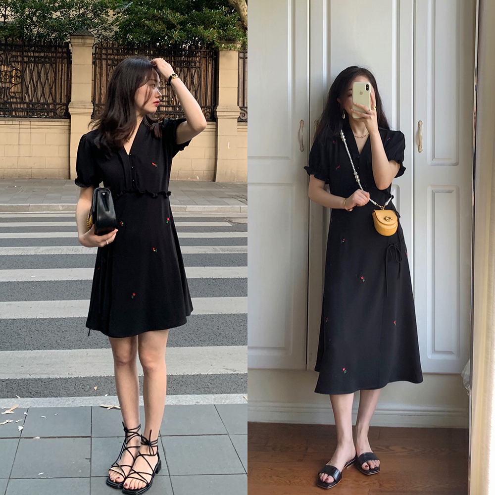 花总吖 2024夏新款韩版小众设计感刺绣连衣裙女气质显瘦短袖长裙