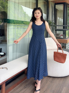 花总吖  夏款韩系小碎花复古蓝不规则腰线背心裙收腰显瘦连衣裙