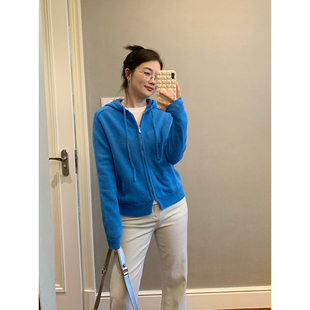 花总吖  春季新款韩系克莱茵蓝亮色系连帽开衫亲肤羊毛混纺毛衣