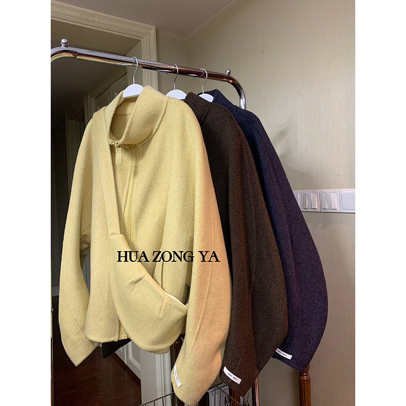 花总吖  秋冬款率性明亮百搭三色双面呢羊毛外套宽松立领大版外套