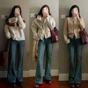 现货款 窄版 花总吖 复古蓝加绒微喇牛仔裤 微喇裤 人鱼线4.0