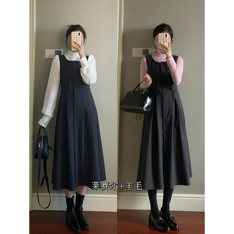 花总吖  秋冬新款法式压褶天丝羊毛背心连衣裙重工打褶叠穿连衣裙