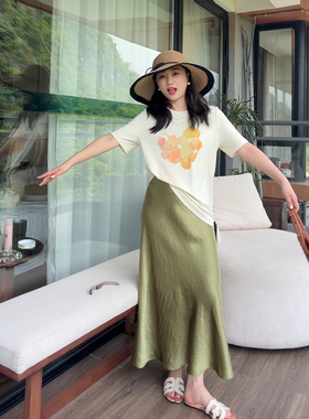 花总吖  夏季新款韩系100醋酸抓皱斜纹松紧腰鱼尾裙清新绿半身裙