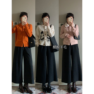 花总吖 秋冬新款高智日杂感醋酸羊毛八分阔腿休闲裤加厚款阔腿裤