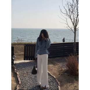 春季 舒适通勤直筒下开衩裤 新款 脚开衩休闲裤 子 简约微喇裤 花总吖