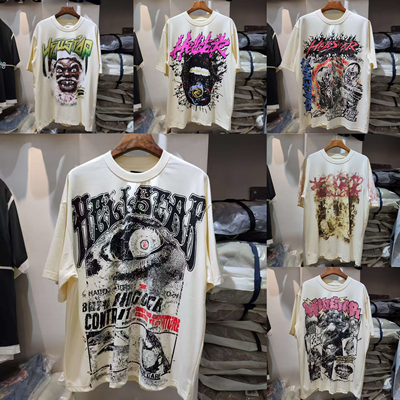 2025夏季新款美式潮牌地狱之星HELLSTAR满印vintage宽松短袖T恤男