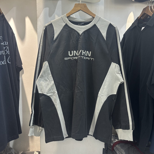 2025秋欧美潮流FORGIVENESS美式拼接男士宽松套头薄款卫衣打底衫