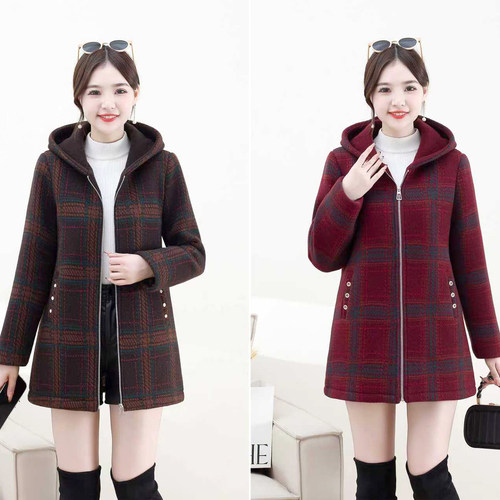 冬季中长款复古格子棉毛呢大衣女拉链连帽保暖加绒时尚外套妈妈装