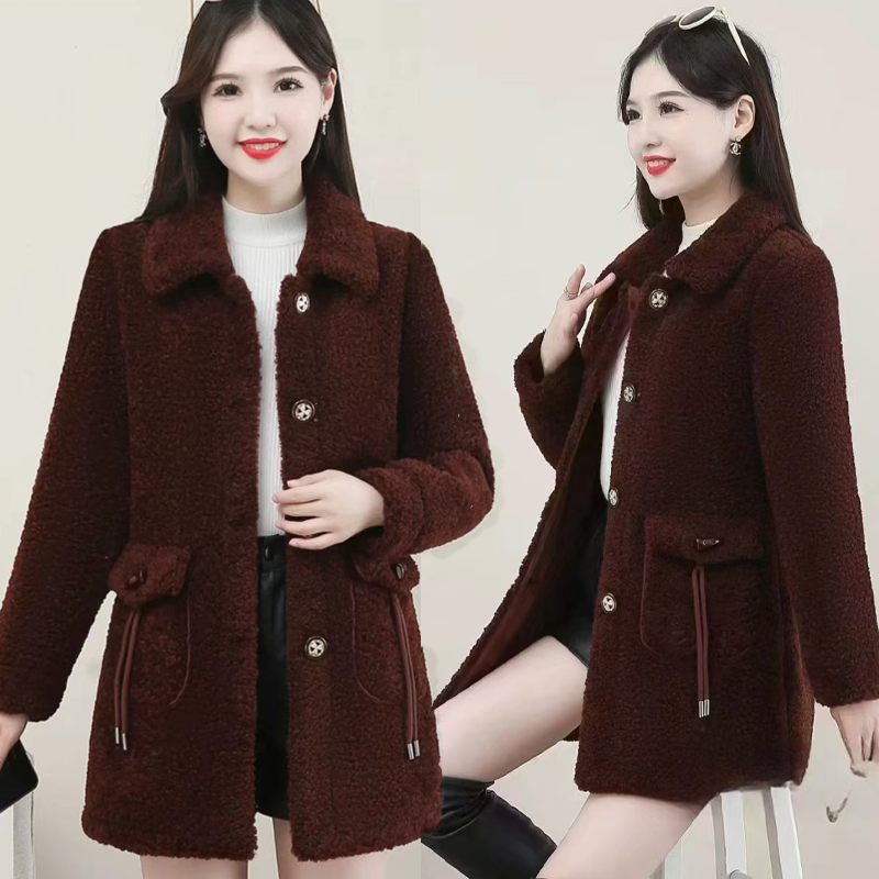 中年妈妈冬装羊羔绒加绒加厚外套2024冬季新款遮肉显瘦时尚大衣女