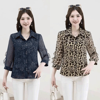 夏季雪纺七分袖宽松遮肚印花上衣