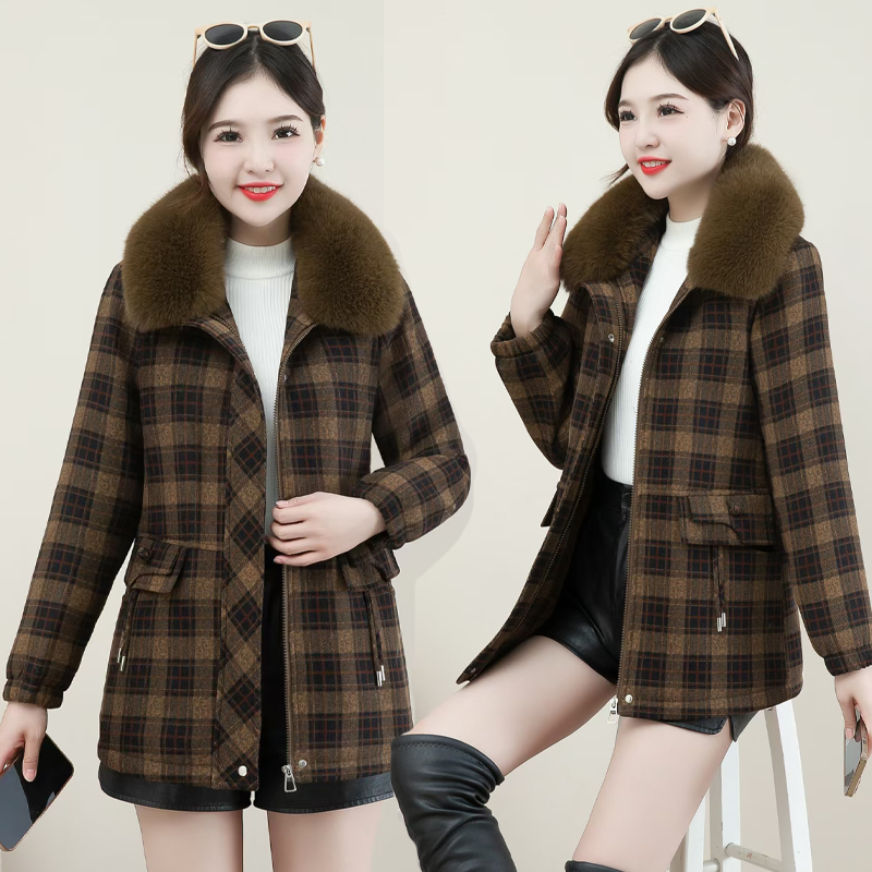冬季中长款格子貂绒大衣2024时尚新款加绒加厚可拆毛领妈妈外套女