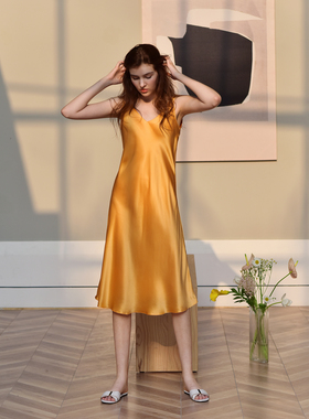 FunGaau甜橙色重磅真丝睡裙19姆米桑蚕丝背心连衣裙性感夏新款女