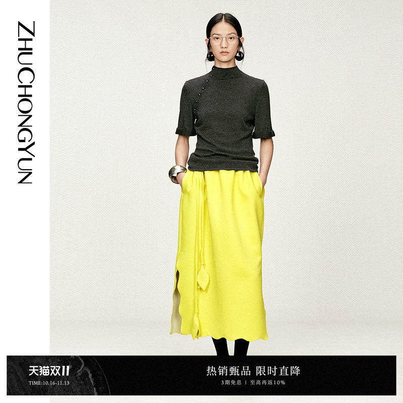 ZHUCHONGYUN2026春新款修身黑色小立领斜门襟短袖针织衫上衣