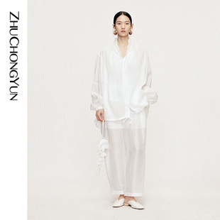 V领荷叶边叠褶长袖 ZHUCHONGYUN2026夏新款 衬衫 丝麻混纺