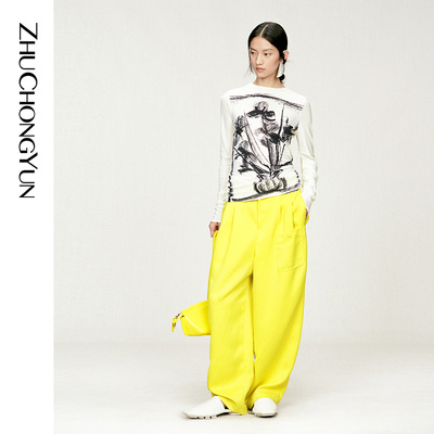 ZHUCHONGYUN2026春新款光泽缎面宽松利落百搭高腰长裤休闲裤