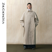 新中式 ZHUCHONGYUN春新款 卡其色贴布绣斜襟翻领宽松长款 外套