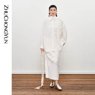 ZHUCHONGYUN冬季 上衣 米白色立体刺绣直身绵羊毛翻领衬衫