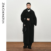 ZHUCHONGYUN冬季 宽松翻领叠襟黑色绵羊毛骆驼绒双面呢大衣