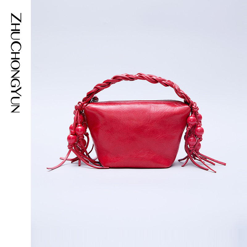 ZHUCHONGYUN2025秋新款小众立体编织手柄流苏羊皮包袋女包