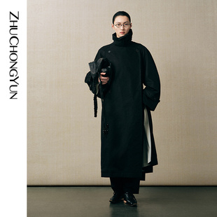 ZHUCHONGYUN2025秋新款 系带风衣外套 廓形直身剪裁撞色开襟中长款