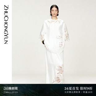 ZHUCHONGYUN2026夏新款白色真丝水溶蕾丝绣花中袖上衣A字裙套装