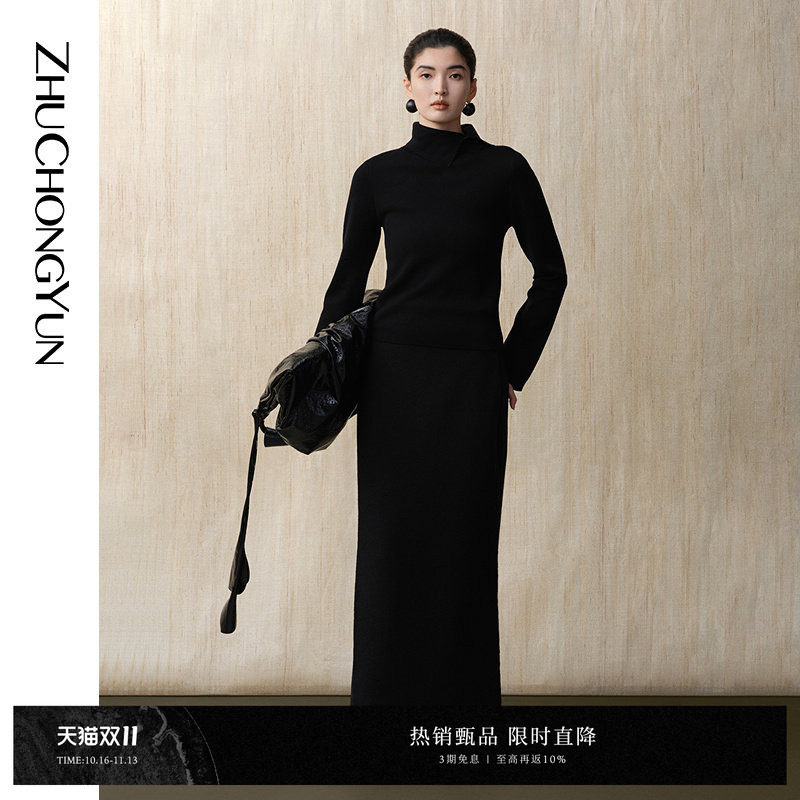 ZHUCHONGYUN秋季纯羊毛黑色立裁新中式针织上衣