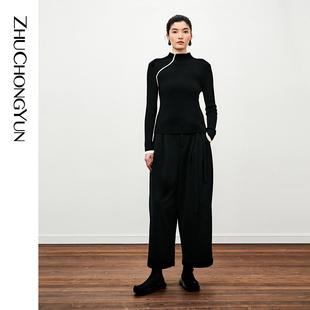 长裤 简约黑色抽绳腰带羊毛直筒裤 子 时尚 ZHUCHONGYUN冬季