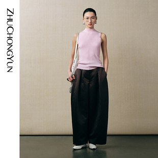 重工丝毛混纺粉色无袖 ZHUCHONGYUN2025秋新款 简约小高领针织上衣