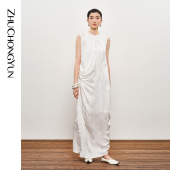 白色暗纹肌理褶皱无袖 ZHUCHONGYUN夏季 连衣裙 夏木之梦
