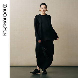 极简立体弧型开叉半裙单裙 ZHUCHONGYUN2025秋新款 6A级桑蚕丝