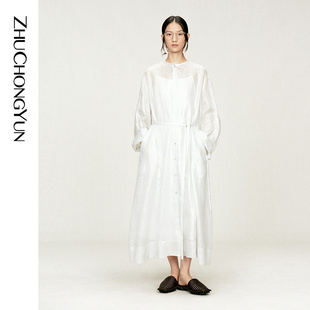 收腰洋装 款 连衣裙 轻薄烫银苎麻衬衫 ZHUCHONGYUN2026夏新款