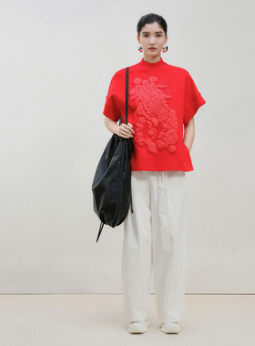 ZHUCHONGYUN春季红色趣味花稿东方感游龙短袖上衣