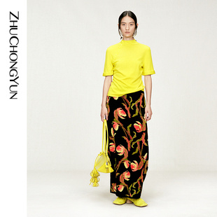 修身 ZHUCHONGYUN2026春新款 小立领斜门襟短袖 山羊绒混纺