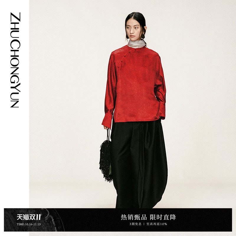 ZHUCHONGYUN2026春新款斜门襟圆领宽松版型红色衬衫上衣