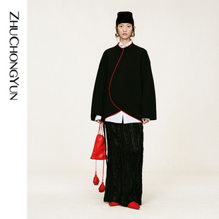 ZHUCHONGYUN2026春新款 立领斜门襟针织外套撞色线条上衣 东方中式