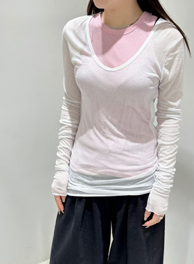 MACQNF长袖80支强捻棉100%棉白色女士简约鸡心领T恤打底衫MQ21985