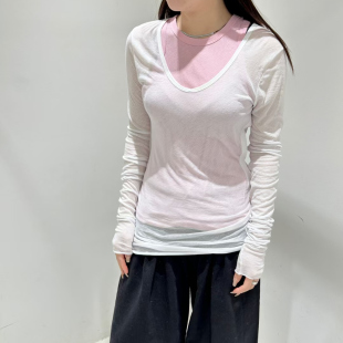 MACQNF长袖 MQ21985 80支强捻棉100%棉白色女士简约鸡心领T恤打底衫