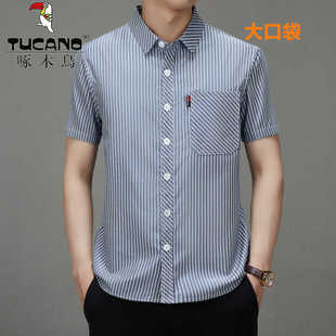 啄木鸟夏季休闲2024男装条纹薄款韩版潮流短袖棉衬衫男士帅气衬衣
