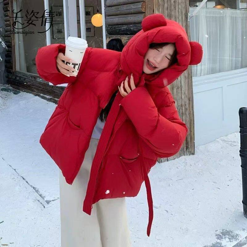 大码棉服学院风韩版浅黄大红色宽松加厚小个子面包服棉袄外套女冬