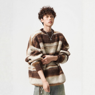 马海毛圆领毛衣男女秋冬休闲撞色条纹针织衫宽松松弛感情侣打底衫