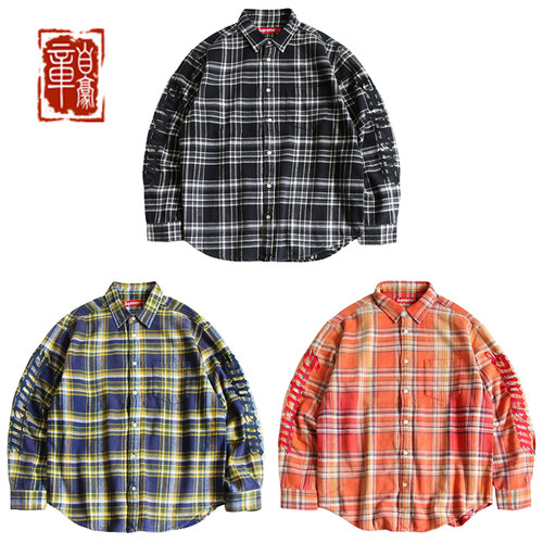 章自豪现货SS25 SUPREME Old English法兰绒水洗刺绣长袖格子衬衫